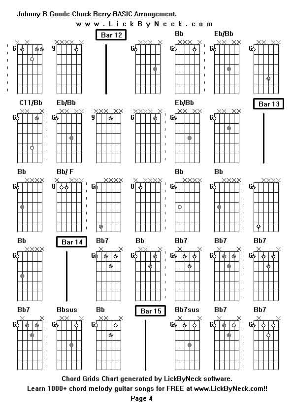 Chord Grids Chart of chord melody fingerstyle guitar song-Johnny B Goode-Chuck Berry-BASIC Arrangement,generated by LickByNeck software.